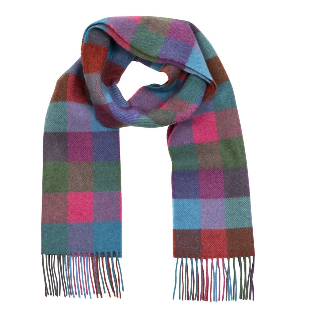 Irish wool scarf short tobacco blue purple green block