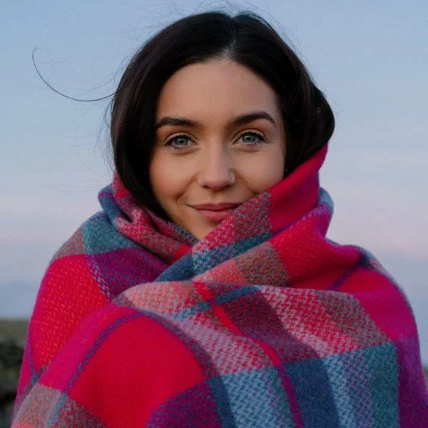 Merino Wool Cashmere Throw Orange Cerise Multi Check