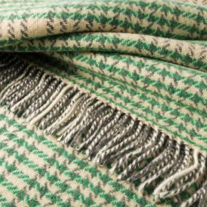 Merino Wool Cashmere Throw Green Cream Herringbone Check