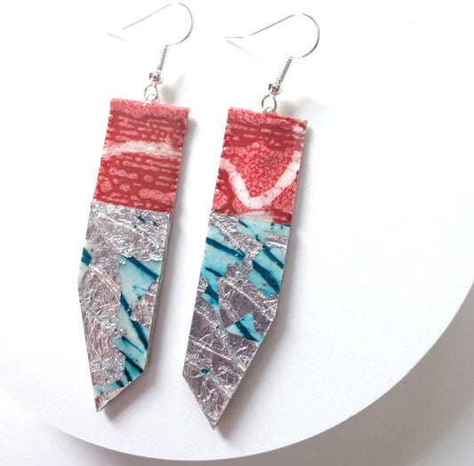 Edythe batik textile earrings in poppy/silver/aqua