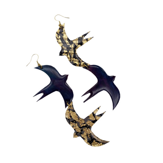 Two Birds sgraffito & shibori silk earrings in midnight/black/gold