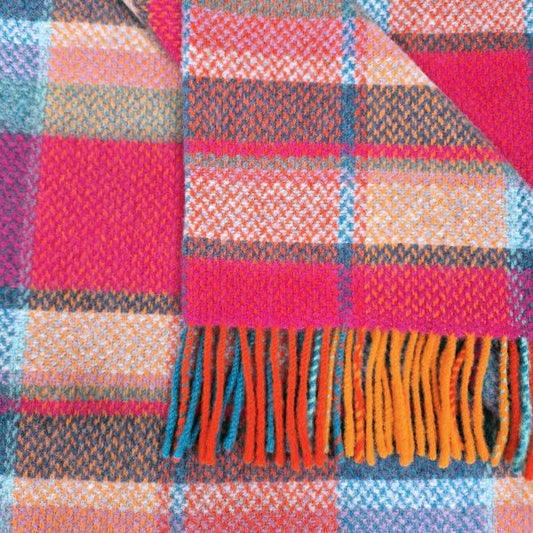 Merino Wool Cashmere Throw Orange Cerise Multi Check