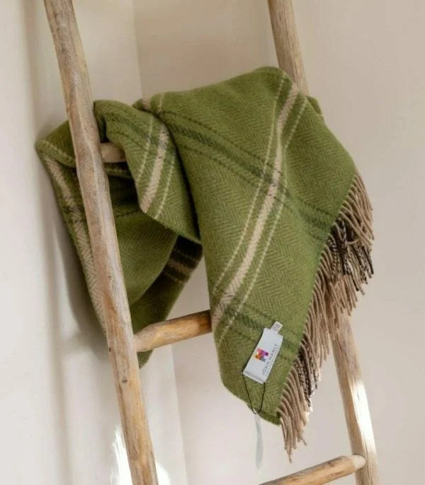 Merino Wool Cashmere Throw Green Beige Cream Overcheck