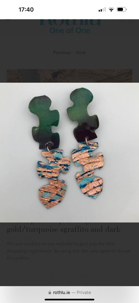 Puzzle post drop earrings in rose-gold/turquoise sgraffito and dark teal silk