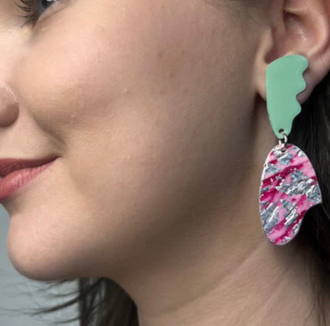 Tidal sgraffito textile earrings in seafoam/pink/silver