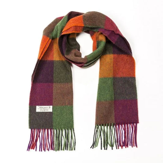 Irish wool scarf short maroon green black check