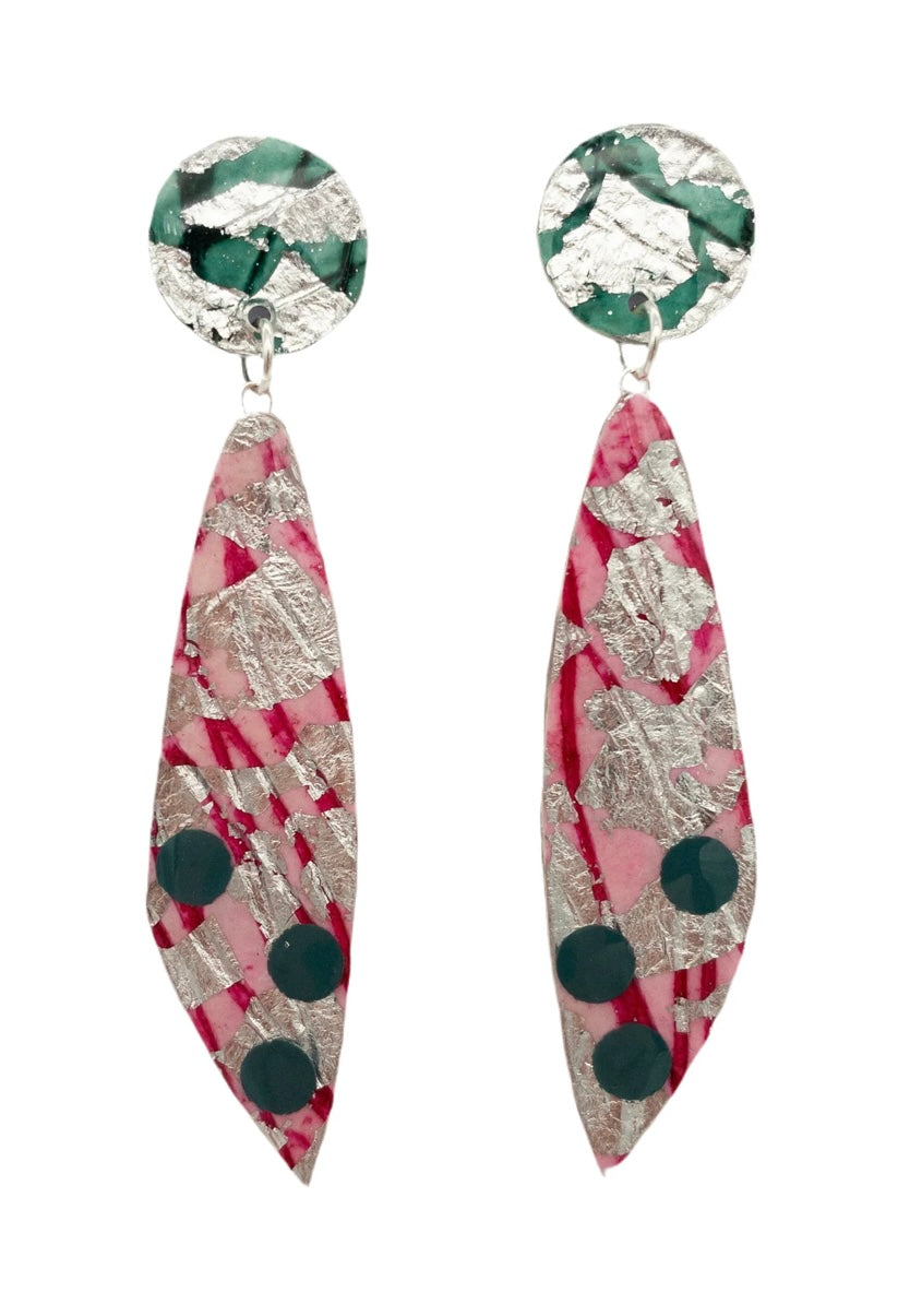 Moondrifter sgraffito textile earrings in silver/pink/jade