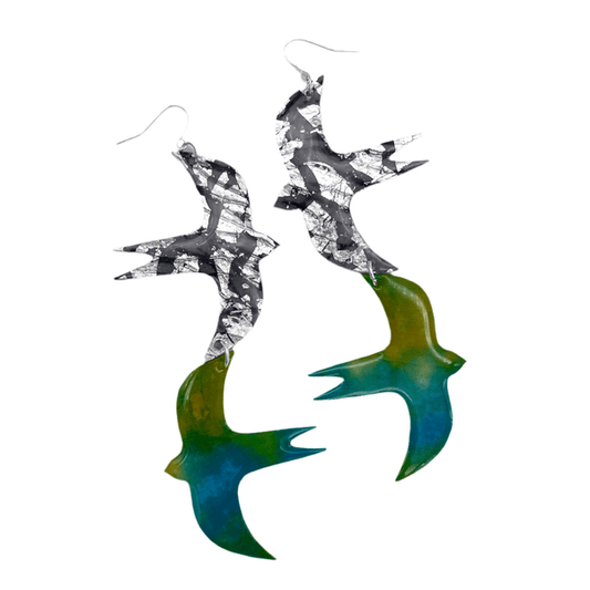 Two Birds sgraffito & shibori silk earrings in -green, purple ,silver/black