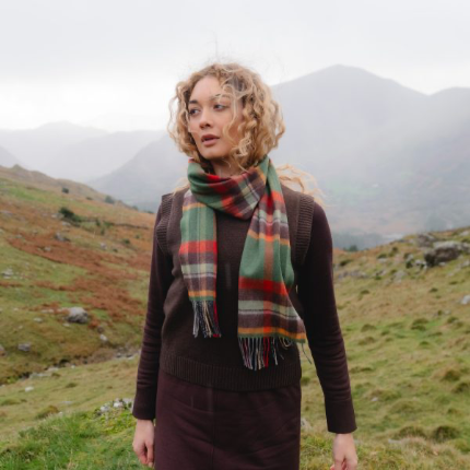 Merino Luxury Wool scarf green rust orange brown check