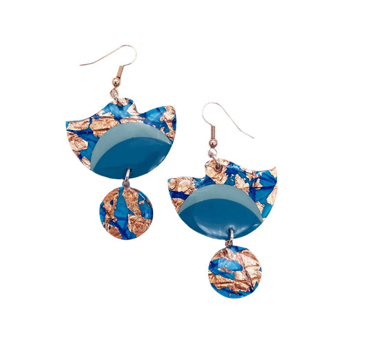 Tonn sgraffito textile earrings in turquoise/blues/rose-gold