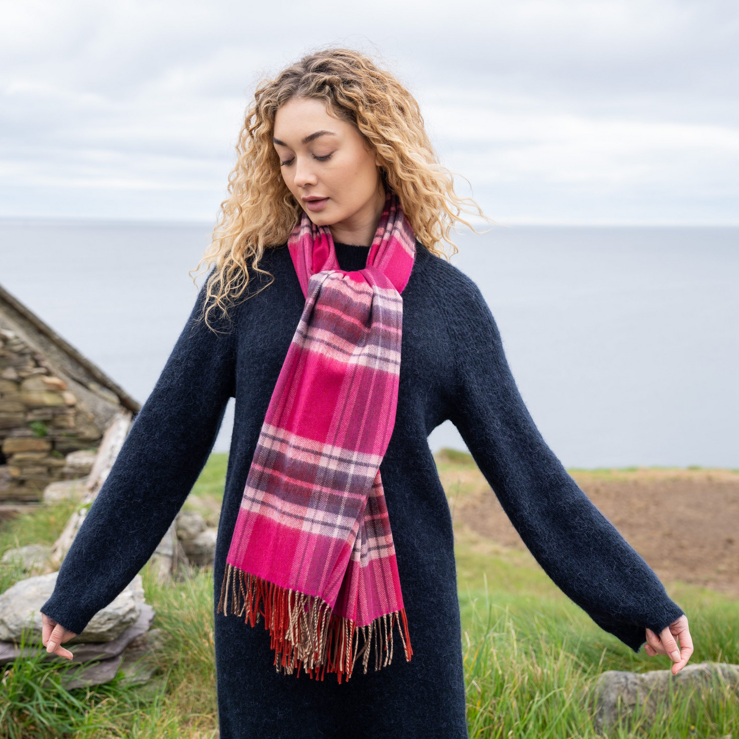Oversized Merino Scarf Pink Purple Plaid