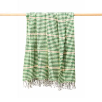 Merino Wool Cashmere Throw Green Cream Herringbone Check