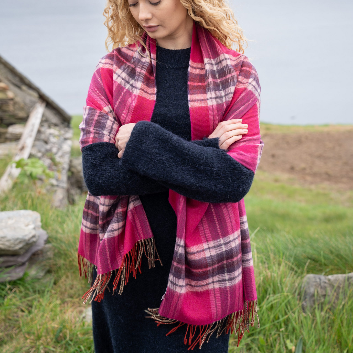 Oversized Merino Scarf Pink Purple Plaid