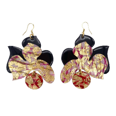 Blossoms no.1” earrings in black & red/pink/gold sgraffito