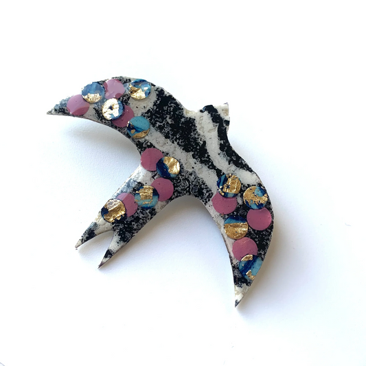 Éan textile brooch in charcoal/dusk pink/lapis/gold