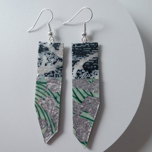 Edythe batik textile earrings in indigo/silver/celadon