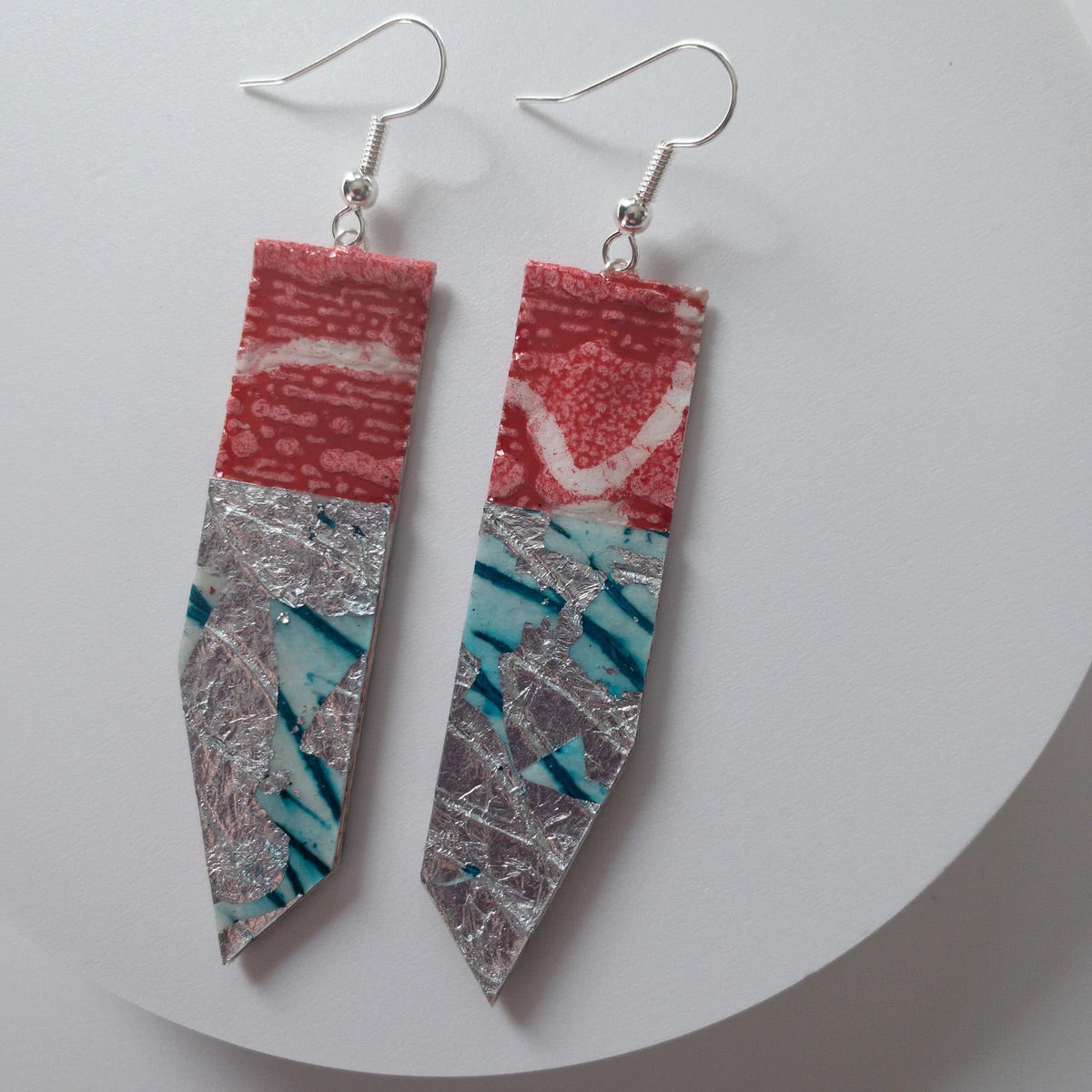 Edythe batik textile earrings in poppy/silver/aqua by Rohlu
