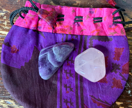 Rose quartz and amethyst in silk bag